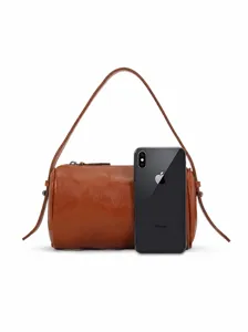 Sac à main cylindre en cuir véritable pour femme, élégant sac bandoulière marron.