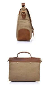 Canvas leather briefcase side and back close-up details showing premium vintage hardware.