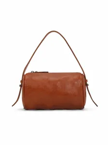 Sac bandoulière cylindrique en cuir véritable marron, sac à main rétro pour femmes quotidien.