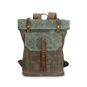 Vintage canvas backpack for men, casual travel daypack with leather straps and large capacity.