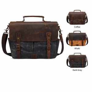Men's Vintage Waterproof Oil Wax Canvas Leather Shoulder Bag Casual Crossbody Messenger Bag For Laptop