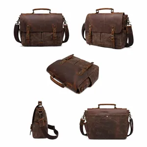 Vintage waxed canvas men's messenger bag, waterproof leather shoulder briefcase for daily use.