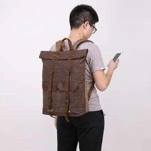 Vintage Canvas Leder Rucksack für Herren, praktische Outdoor Reise Rolltop Laptop Tasche.