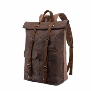 Vintage Herren Canvas Rolltop Rucksack, wasserdichte Laptop Tasche für Outdoor und Reisen.