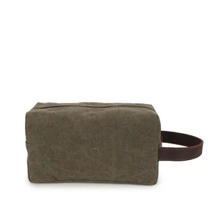 Men vintage canvas toiletry bag military green clutch wash bag with leather wrist strap