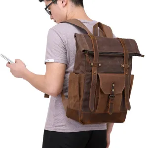 Vintage Canvas Leder Rucksack für Herren wasserdichte Reise Rolltop Tasche für Outdoor Sport