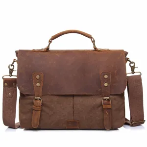 Men's Vintage Canvas And Crazy Horse Leather Messenger Bag Casual Business Commute Laptop Bag Crossbody Bag