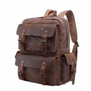 Vintage Canvas Leather Waterproof Backpack Men Casual Travel School Laptop Bag Retro Large Capacity Outdoor Rucksack