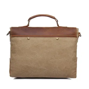 Vintage canvas leather briefcase for men, stylish messenger shoulder bag with top handle.