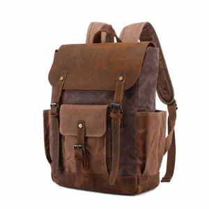 Vintage Canvas Leder Rucksack für Herren, retro Reise-Tagesrucksack mit Fächern.
