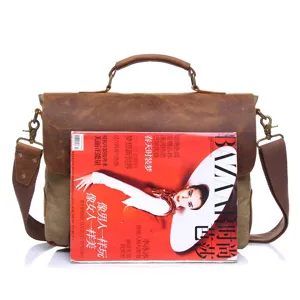Vintage canvas leather messenger bag, retro shoulder crossbody bag for men business work.