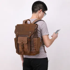Herren Vintage Canvas Rucksack Crazy Horse Leder Reiserucksack grosse Kapazitaet