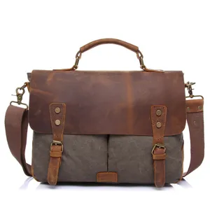 Vintage canvas and crazy horse leather messenger bag for men, retro laptop briefcase main view