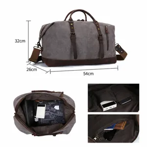 Grand sac de voyage en toile pour homme sac de week-end vintage avec poches multiples.