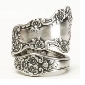 Anillo de cuchara floral vintage para mujer plata antigua ajustable regalo de joyería