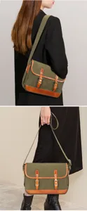 Vintage canvas leather messenger shoulder bag, casual crossbody satchel with buckle details.
