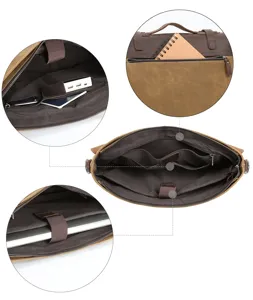 Detailansicht der Vintage Herren Segeltuch Leder Umhängetasche mit Fächern und Laptopfach.