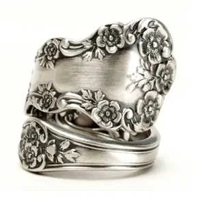 Anillo de Cuchara de Aleación Vintage con Flor para Mujer Gótico Oscuro Relieve Patrón Floral Ajustable Anillo Abierto Joyería de Moda