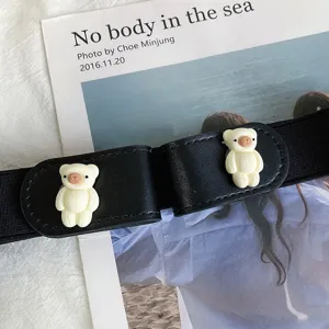 Women elastic lazy belt with cute white bear buckle invisible stretch jeans waist belt