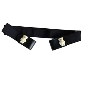 Black elastic lazy belt featuring cute white bear buckles for women jeans and pants.