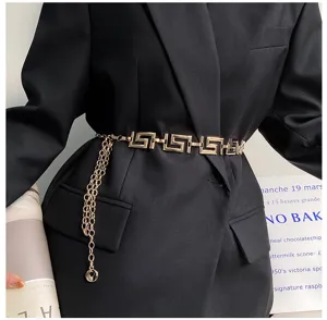 Chique goud metalen taille ketting voor dames, retro geometrisch ontwerp, elegante jurk riem stijl.