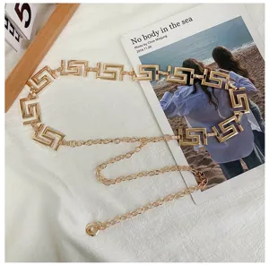 Gouden metalen tailleketting voor vrouwen, retro geometrische schakelriem voor jurken.