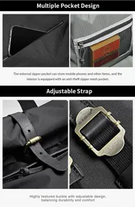 Detailansicht des Rucksacks mit Reißverschlusstasche und verstellbarem Schultergurt.