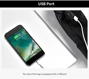 Detailansicht des Rucksacks mit praktischem externem USB-Ladeanschluss und Smartphone-Verbindung.