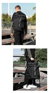 Detailansicht des schwarzen wasserdichten Nylon-Rolltop-Rucksacks mit Reflektorgurt.