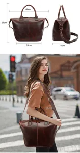 Women genuine leather tote bag large capacity vintage shoulder handbag commuter bag brown