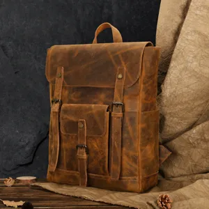 Men Vintage Crazy Horse Genuine Leather Backpack 15.6 Inch Laptop Bag Outdoor Travel Casual Cowhide Rucksack Large Capacity
