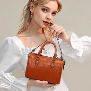 Women Genuine Leather Crossbody Bag Retro Boston Handbag Vintage Top Handle Pillow Bag Casual Fashion Shoulder Bag