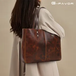 Women Genuine Leather Tote Bag Vintage Large Capacity Shoulder Bag Casual Commuter Handbag With Metal Rivets