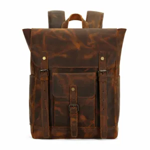 Vintage brown leather backpack for men, casual crazy horse cowhide travel computer rucksack.