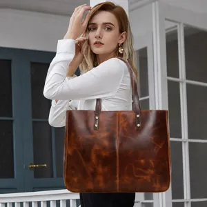 Retro genuine cowhide leather tote bag for women, large capacity vintage shoulder commuting bag