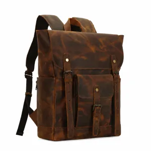 Vintage Crazy Horse Leather Men Backpack 15.6 Inch Laptop Travel Bag Retro Brown