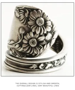 Vintage daisy spoon ring for women, stylish adjustable open silver ring with floral relief.