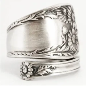 Vintage silver tone daisy spoon ring open adjustable statement ring for women fashion jewelry