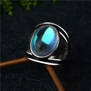 Vintage bunter Mondstein Ring für Damen, eleganter böhmischer Stil Silber Metall Schmuck.