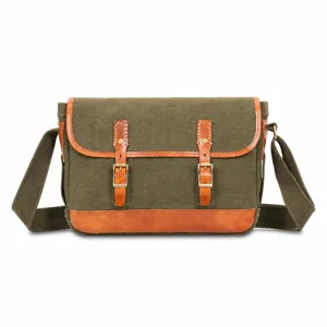 Vintage canvas messenger bag for women retro cross body shoulder bag with leather trim and buckles