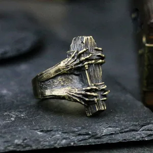 Gothic vintage coffin ring detail close-up, spooky skeleton claw design, adjustable metal.