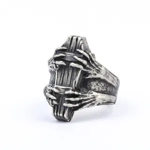 Vintage gothic coffin ring with skeleton hands design, adjustable silver punk finger jewelry.