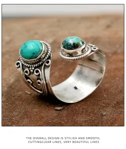 Vintage turquoise open ring, antiek zilveren boho statement vingerring voor dames.
