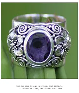 Vintage Thai silver wide ring with purple stone floral carved bohemian statement jewelry