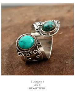 Vintage turquoise open ring voor vrouwen, retro verzilverde statement vingering.