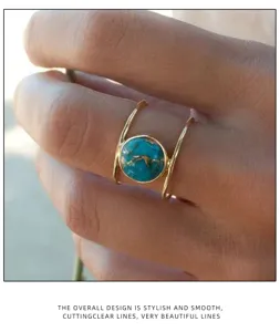 Detailed close-up view of the elegant turquoise stone ring with unique open band design.