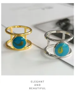 Minimalist double layer turquoise ring set, stylish geometric metal open finger jewelry