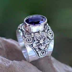 Vintage Thai silver purple gemstone ring, intricate floral carved wide band fashion jewelry