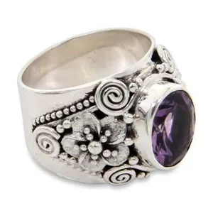 Vintage Thai silver amethyst ring, exquisite floral carved statement jewelry for women fashion.