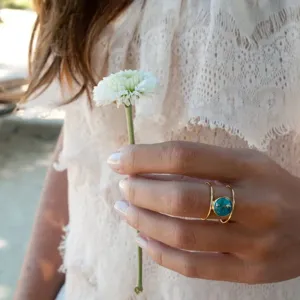 Minimalist turquoise ring, gold double band ring, elegant women's fashion hand jewelry design.